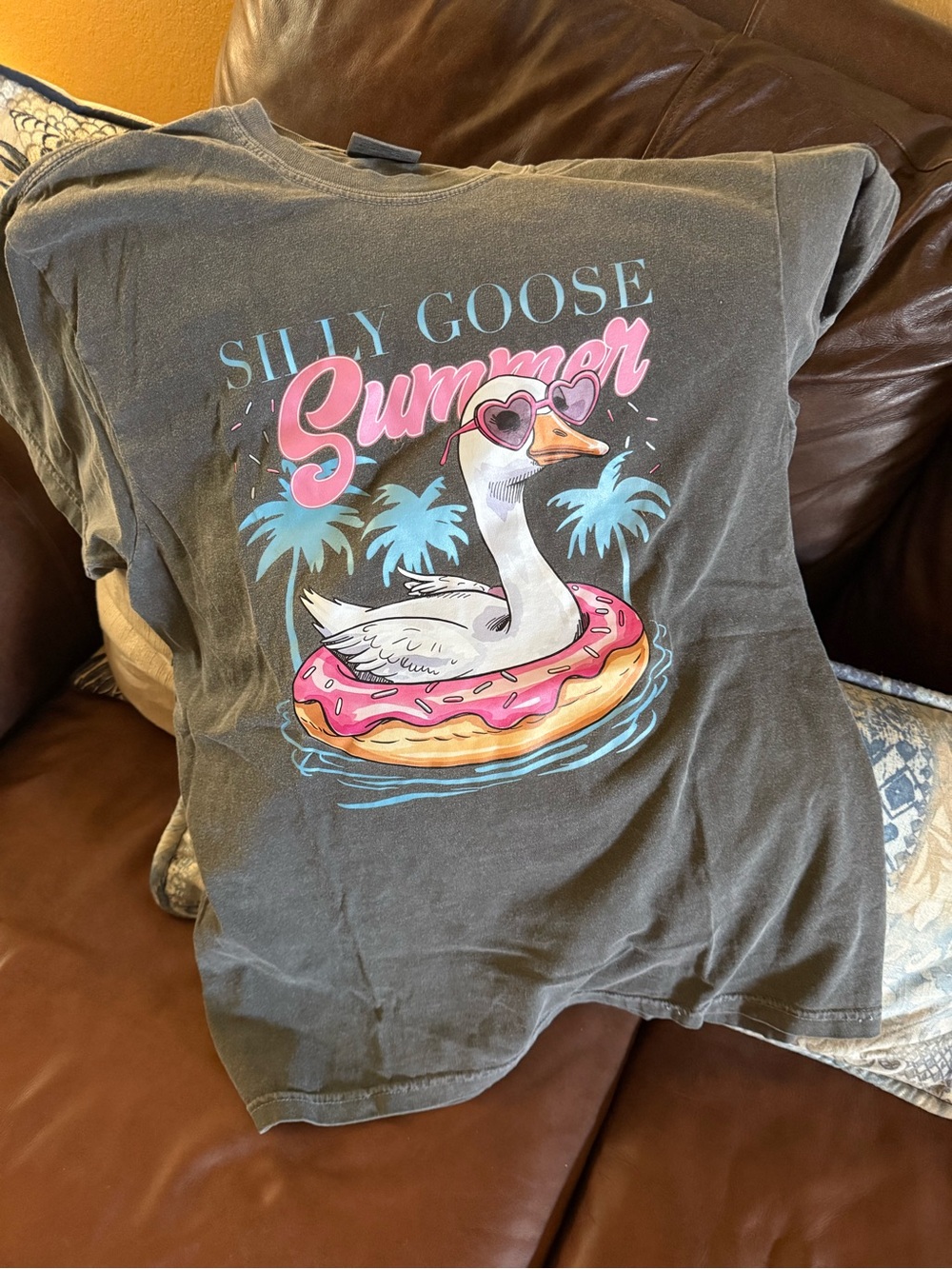 Comfort Colors Silly Goose Summer Tee in Charcoal with Pink & Teal Print
